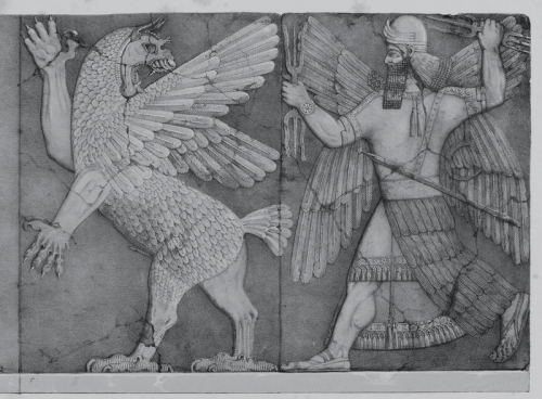 Battle between Marduk (Bel) and Tiamat. Drawn from a bas-relief from the Palace of Ashur-nasir-pal, King of Assyria, 885-860 B.C., at Nimrûd. British Museum, Nimrûd Gallery, Nos. 28 and 29. http://bharatkalyan97.blogspot.com/2013/06/tablet-of-destinies.html