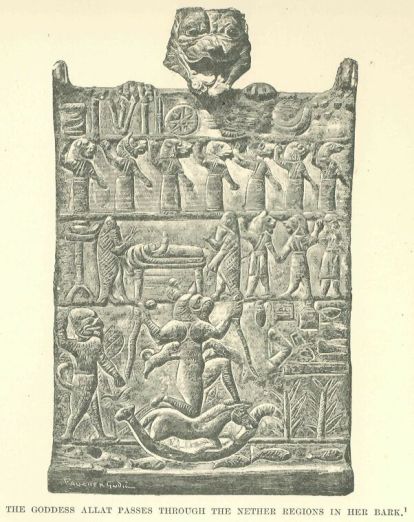 A depiction of the underworld, or alternatively, a portrayal of an exorcism. Wiggermann identifies Pazuzu appearing at the top, leering over a top register which contains the eight-pointed star of Ishtar, the inverted half-moon crescent of the Moon God Sin, and the lamp of Nusku. The seven celestial objects of Babylonian cosmogony are at far right, above Nusku's lamp. Earlier analysts identified the leering monster as Nergal. In the second register, seven exemplars of the Mesopotamian pandemonium appear to support the heavens. These composite creatures include ugallu, lion headed monsters with an apotropaic function, among others. The middle register could portray burial rites for new arrivals in the underworld, presided over by two fish-apkallū, or the scene could be a typical exorcism for apkallu, who played a role in banishing demons from the ill. In this register Wiggermann identifies the lion headed monsters as ugallu and the human-appearing entity as Lulal, a “minor apotropaic god.” The lower register may depict the goddess Allat, or Ereshkigal, sister of Ishtar, who reigns in the underworld. She kneels upon a horse or a donkey, which appears to be oppressed by her burden, in a boat which floats upon the waters of life. Note the lion pups suckling at her breast. Wiggermann prefers Lamaštu, and considers this 1st millennium amulet a portrayal of a Lamaštu exorcism. Drawn by Faucher-Gudin, from a bronze plaque of which an engraving was published by Clermont-Ganneau. The original, which belonged to M. Péretié, is now in the collection of M. de Clercq. http://www.gutenberg.org/files/17323/17323-h/17323-h.htm#linkBimage-0039
