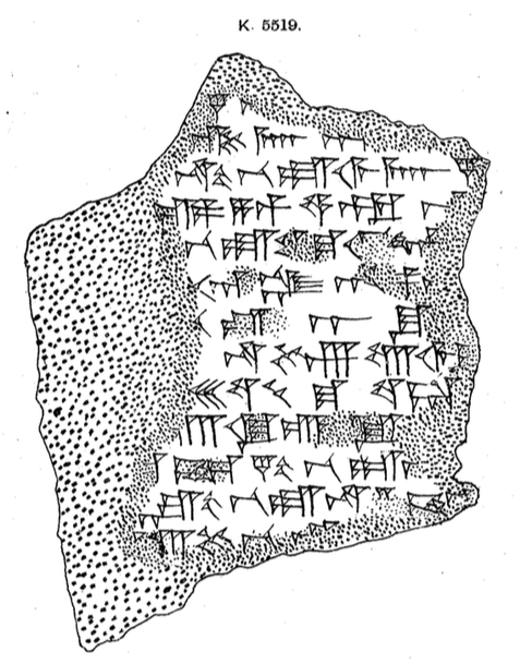 K 5519, British Museum. E.A. Wallis Budge, ed., Cuneiform Texts from Babylonian Tablets in the British Museum, part XXX, British Museum, London, 1911. Plate 8.  http://www.etana.org/sites/default/files/coretexts/17079.pdf