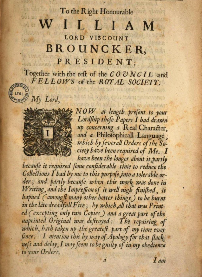 John Wilkins, An Essay towards a Real Character, 1668, p. a from the Epistle